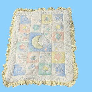 Vintage Geoffrey Toys R Us Baby Quilt Crib Comforter Moon Stars Yellow Blue 1995